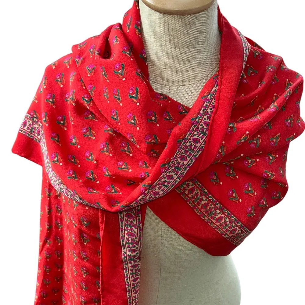 Ethnic Indian wear Block Print flowers red SILK paisley print scarf shawl wrap
